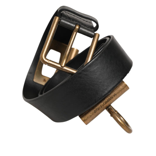 Dolce & Gabbana Black Leather Side Rings Brass Buckle Belt