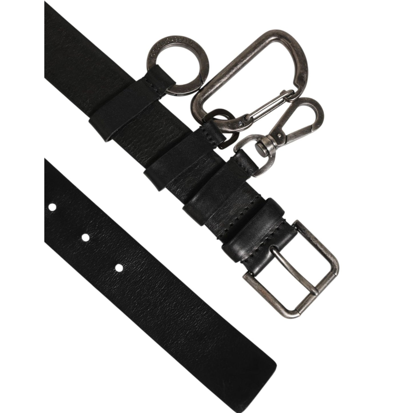 Dolce & Gabbana Black Key Ring Clip Attachments Buckle Belt in leather with antique silver-tone hardware.