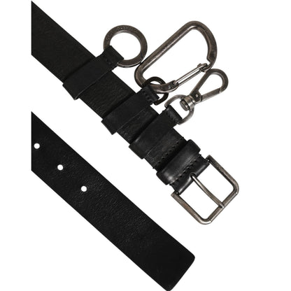 Dolce & Gabbana Black Key Ring Clip Attachments Buckle Belt in leather with antique silver-tone hardware.