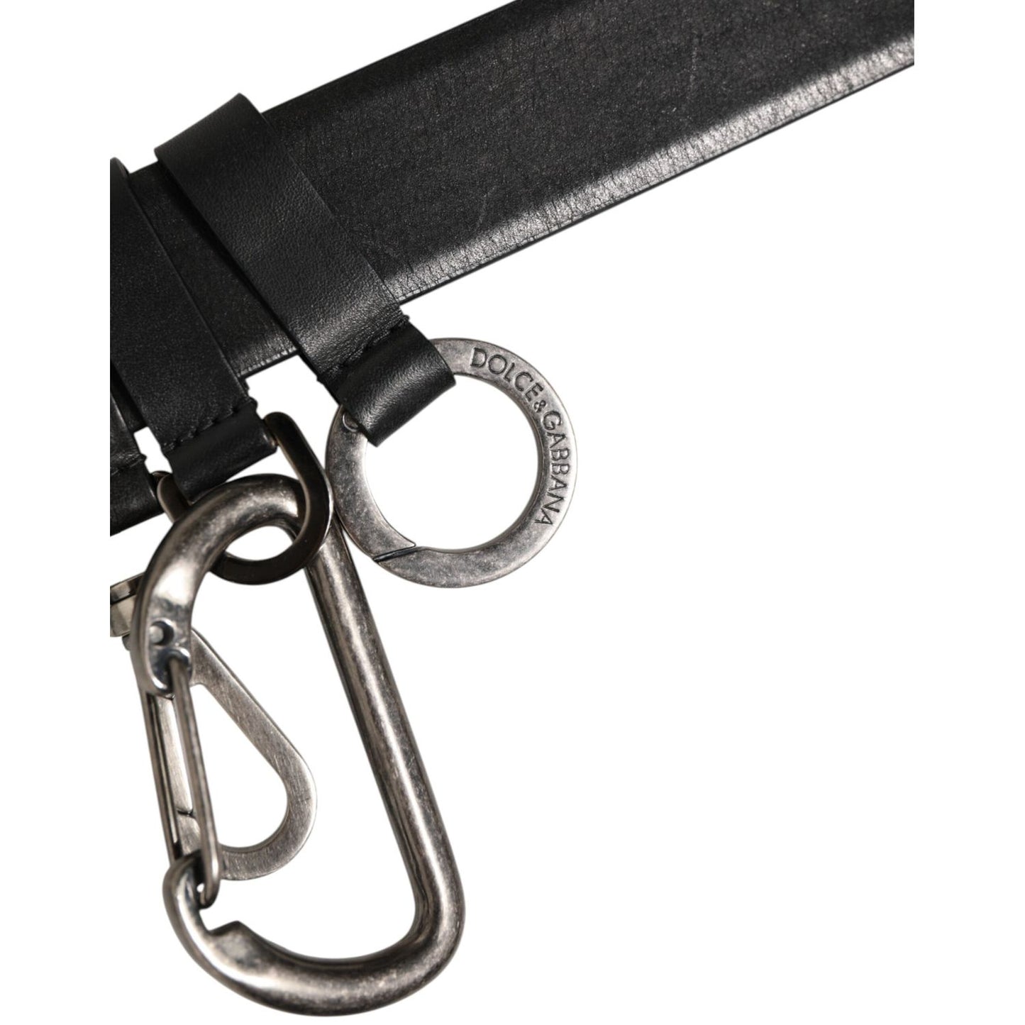 Dolce & Gabbana Black Key Ring Clip Attachments Buckle Belt with silver-tone hardware and utility design