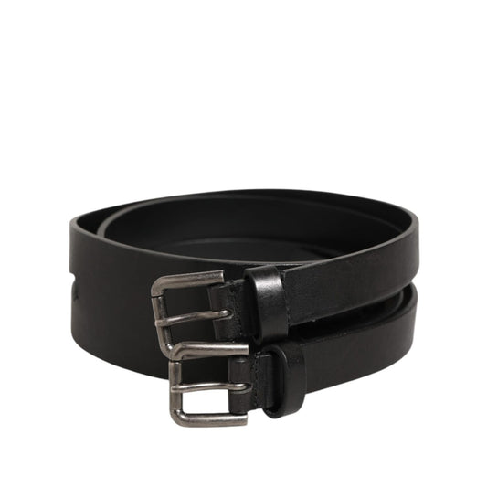 Dolce & Gabbana Black Double Strap Leather Silver Buckle Belt with textured calfskin and fine stitching.