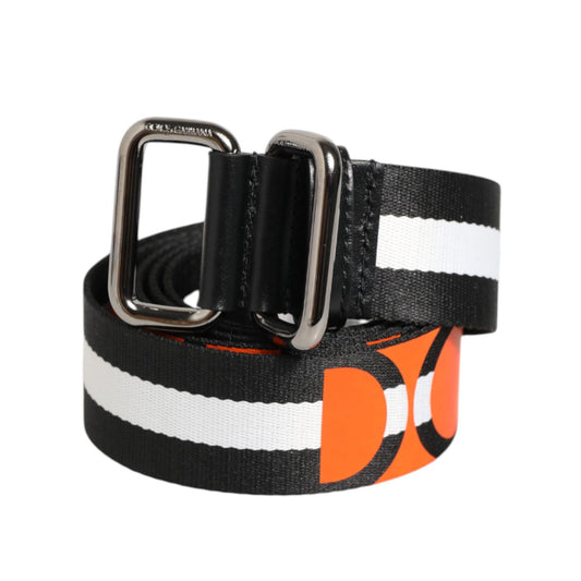 Dolce & Gabbana Black White Striped Logo Metal Buckle Belt with silver-tone buckle and orange logo detail.