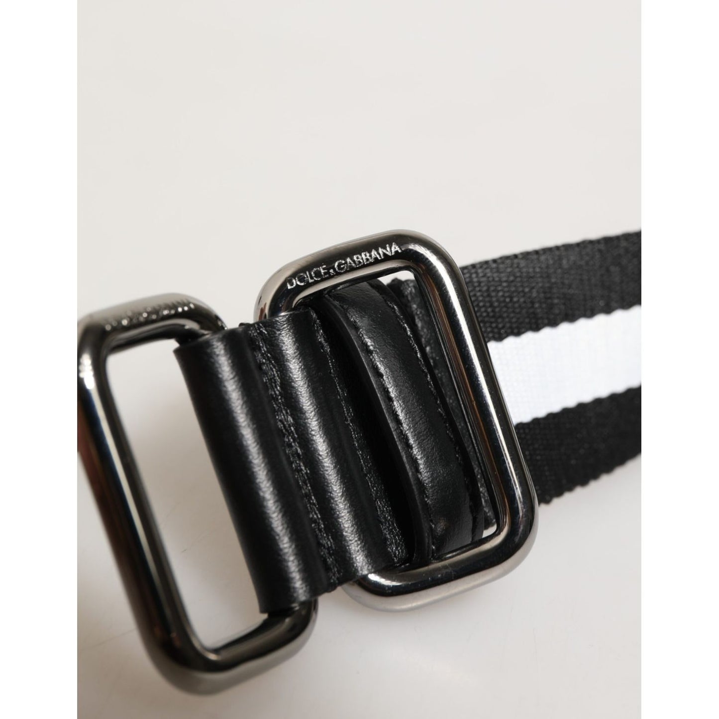 Dolce & Gabbana Black White Striped Logo Metal Buckle Belt with silver-tone buckle and orange logo detail, crafted in Italy