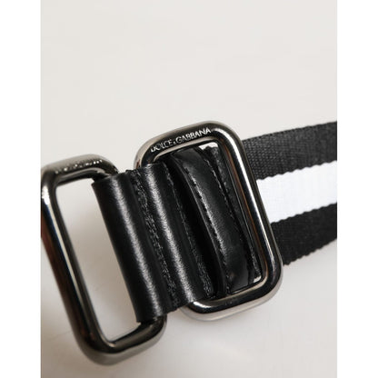 Dolce & Gabbana Black White Striped Logo Metal Buckle Belt with silver-tone buckle and orange logo detail, crafted in Italy