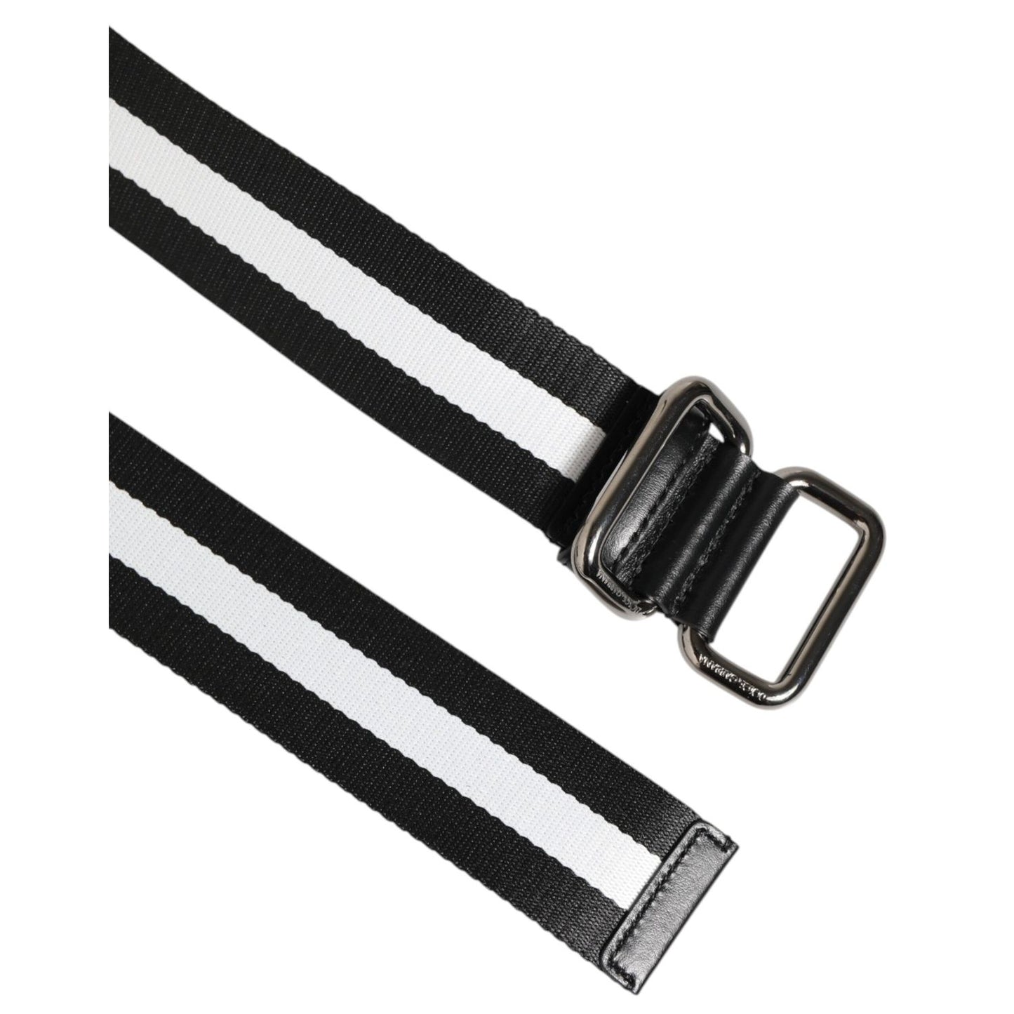 Dolce & Gabbana Black White Striped Logo Metal Buckle Belt with silver-tone hardware, crafted in Italy, stylish fashion accessory.