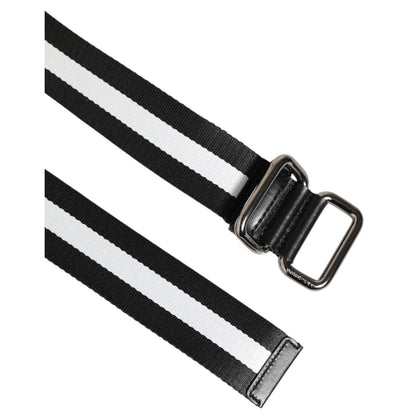 Dolce & Gabbana Black White Striped Logo Metal Buckle Belt with silver-tone hardware, crafted in Italy, stylish fashion accessory.