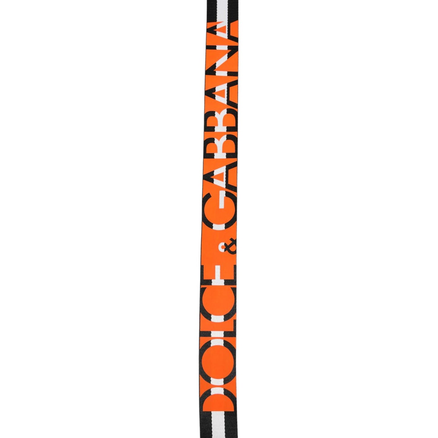 Dolce & Gabbana Black White Striped Logo Metal Buckle Belt with orange logo detail and silver-tone buckle