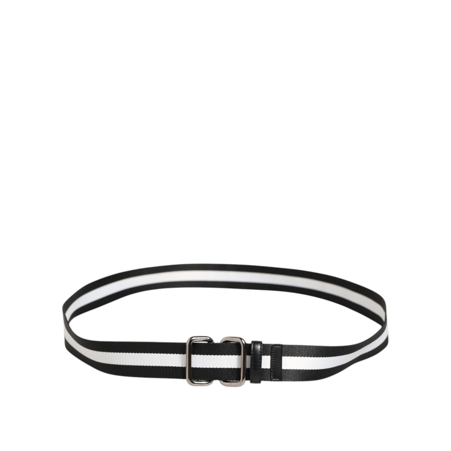 Dolce & Gabbana Black White Striped Logo Metal Buckle Belt with silver-tone buckle and orange logo detail, Made in Italy