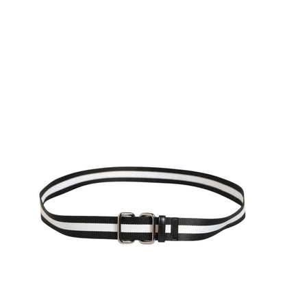Dolce & Gabbana Black White Striped Logo Metal Buckle Belt with silver-tone buckle and orange logo detail, Made in Italy
