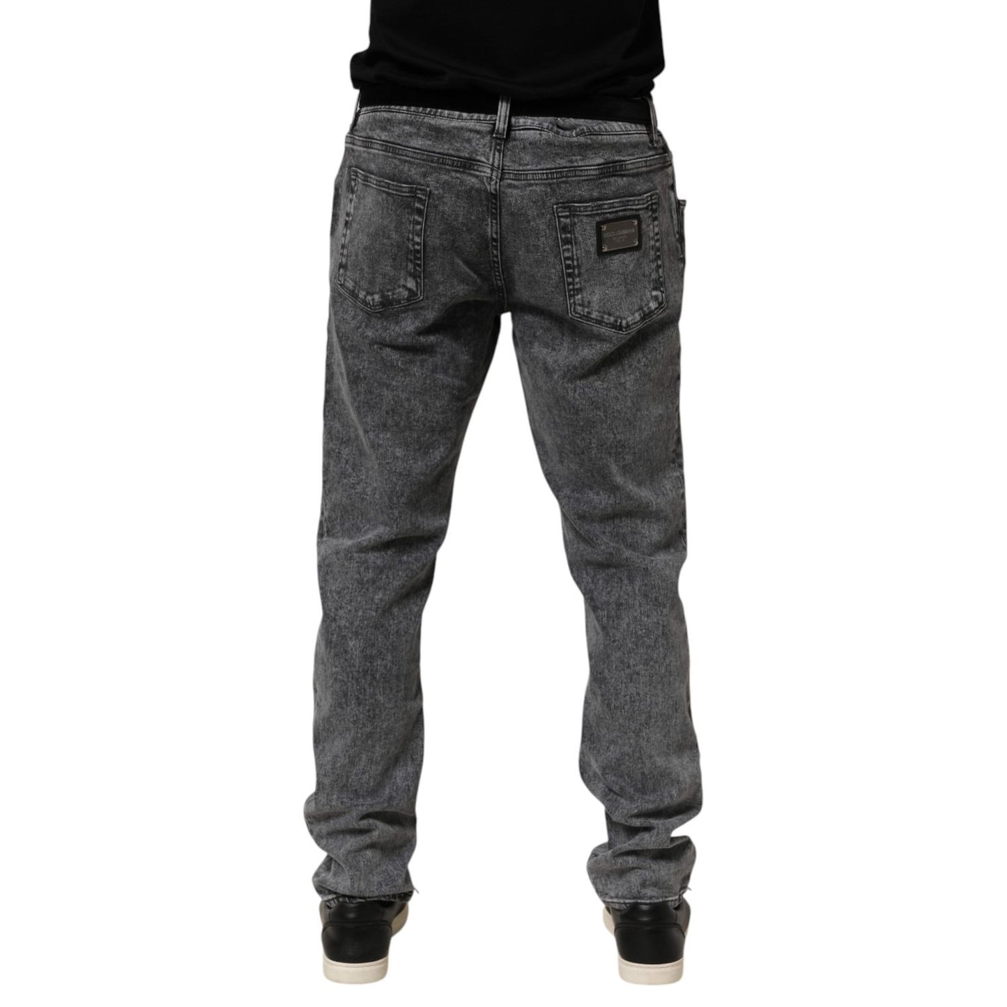 Back view of Dolce & Gabbana Gray Cotton Slim Fit Denim Trouser Jeans featuring classic five-pocket styling and logo detail.