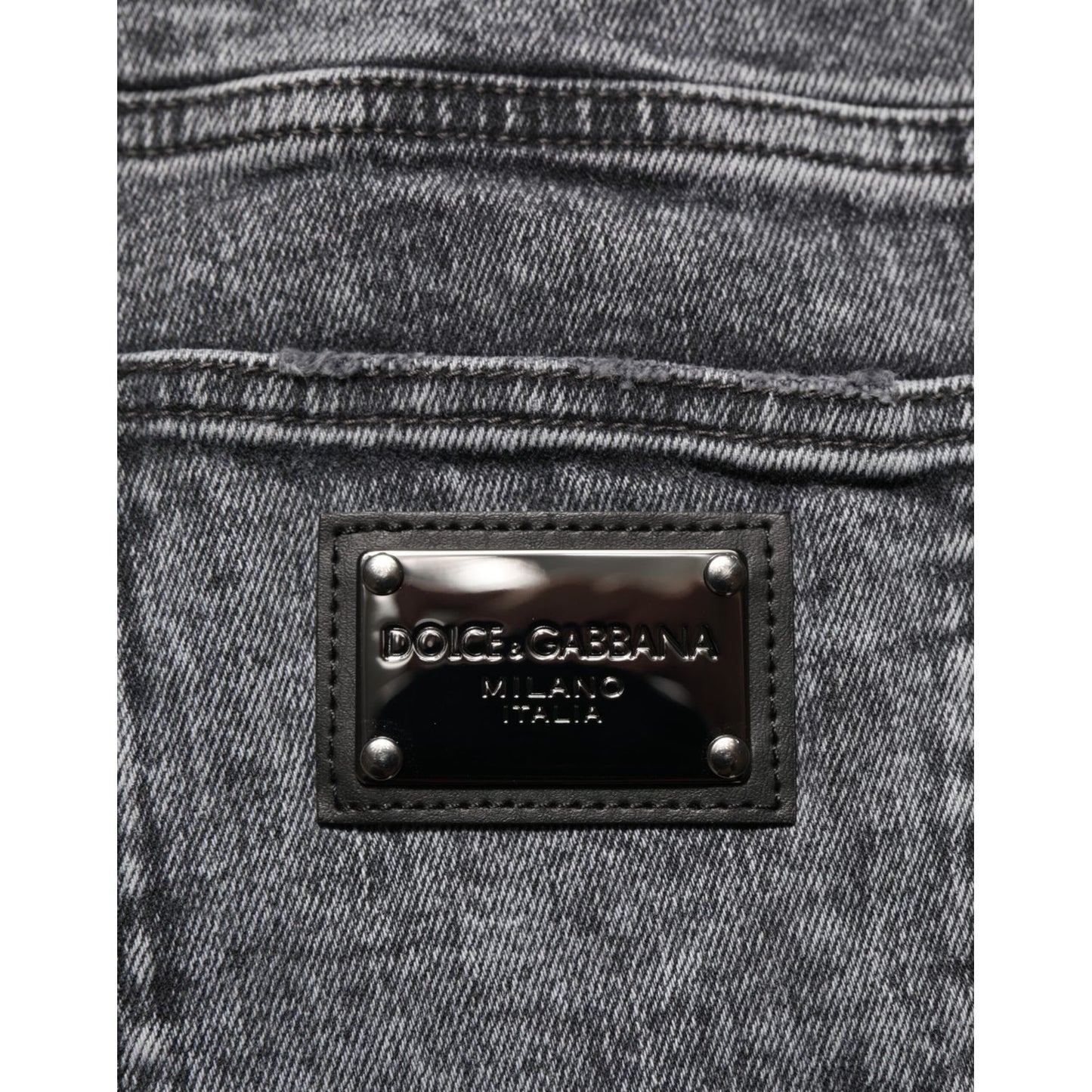 Dolce & Gabbana Gray Cotton Slim Fit Denim Trouser Jeans with logo patch detail.