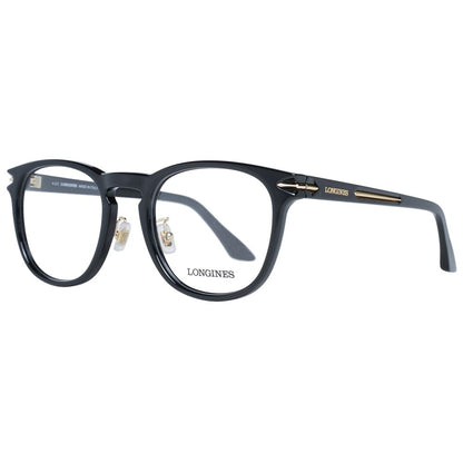 Longines Black Plastic Glasses (Frames) with full-rim round style, black plastic frame, and demo lenses, size 54-23-145 for men.