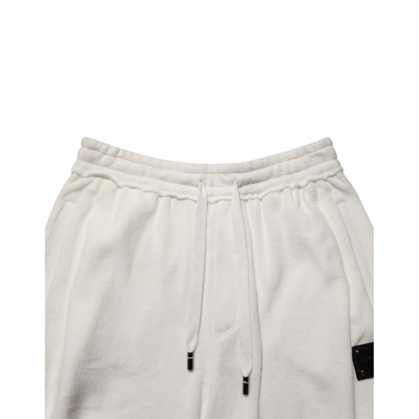 Dolce & Gabbana White Cotton Logo Plaque Men Bermuda Shorts showcasing front drawstring and logo plaque detail