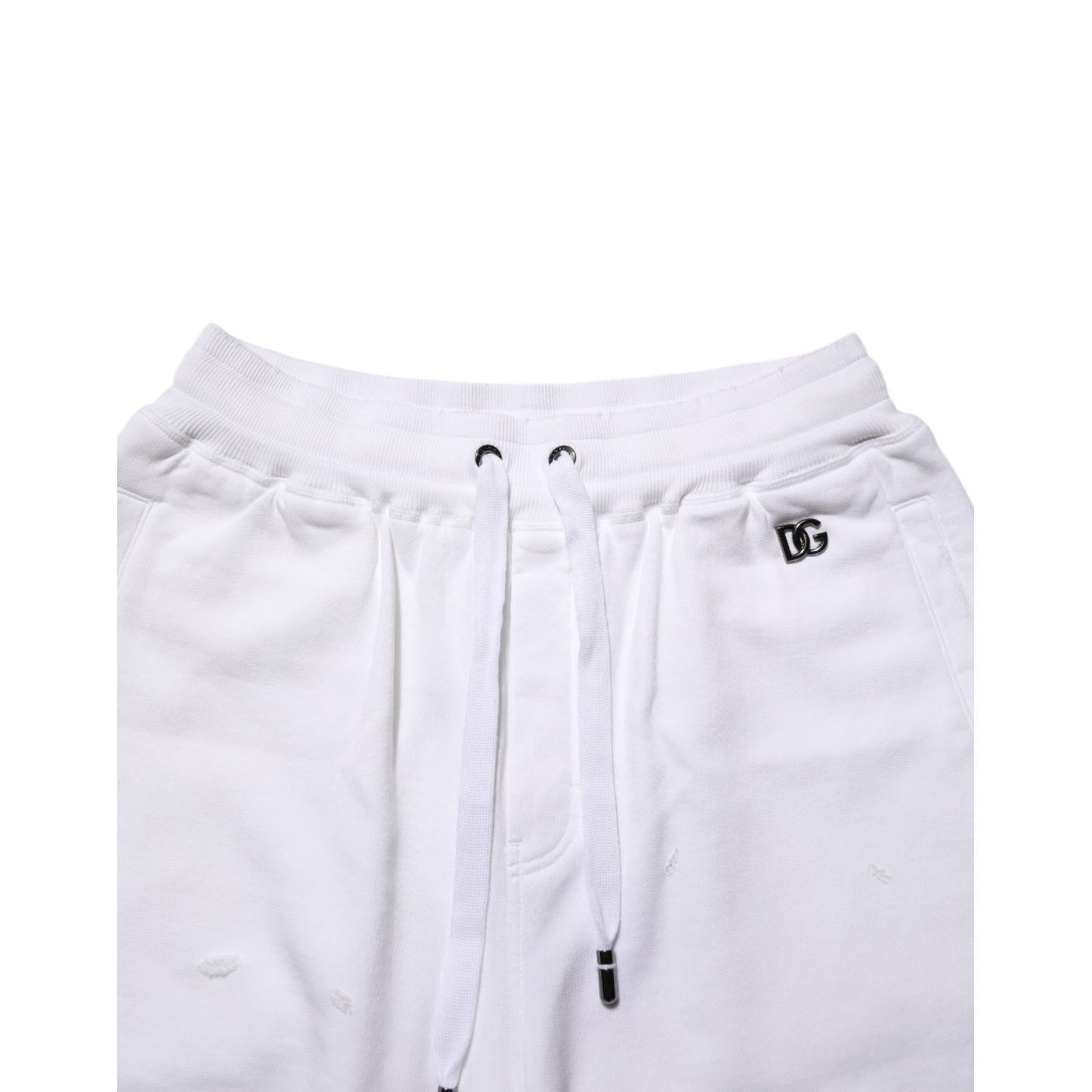 Dolce & Gabbana White Cotton Ripped Bermuda Sweatpants Shorts with elastic waistband and drawstring.