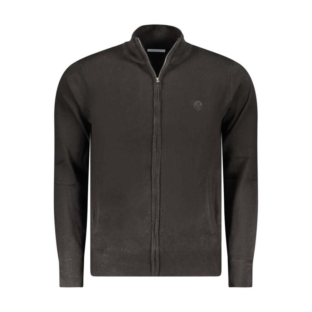 North Sails Black Nylon Sweater with long sleeves, zip closure, two pockets, and embroidery logo displayed on the front.