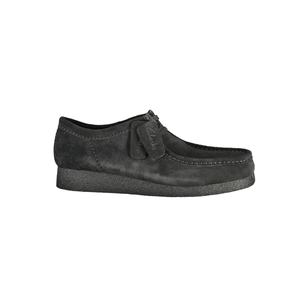 Clarks Black Leather Men Sneaker with suede finish, lace-up design, featuring iconic Clarks logo and removable footbed for comfort.