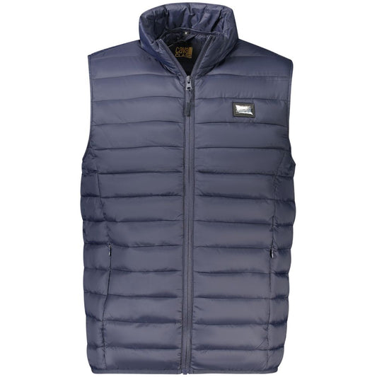 Cavalli Class Blue Polyester Men Jacket with sleeveless design and logo, perfect for layering and transitional weather fashion.