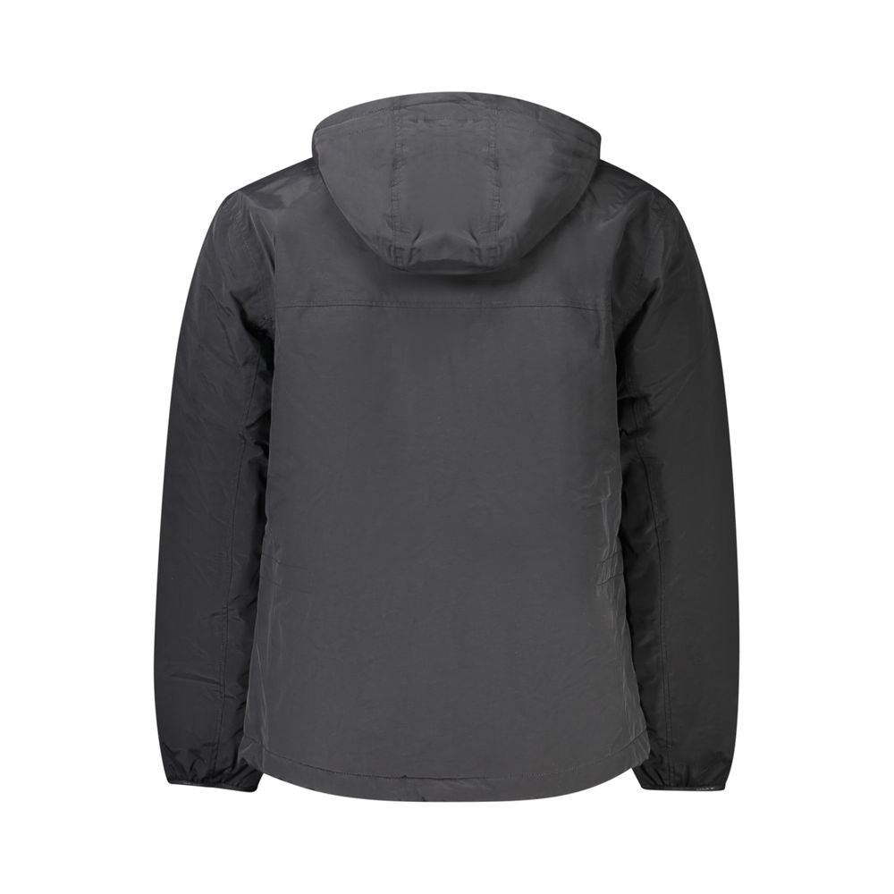 Back view of Napapijri Black Polyamide Men Jacket with hood and sleek design.