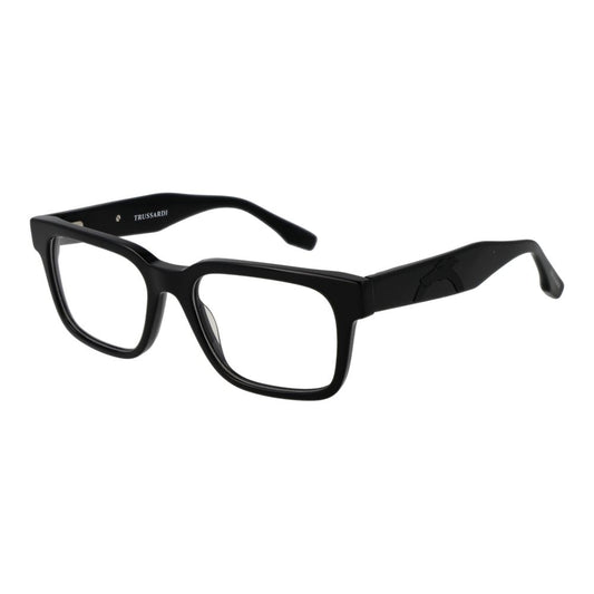 Trussardi Black Acetate Glasses (Frames), unisex full-rim rectangle style with demo lenses and black acetate frame, spring hinge.