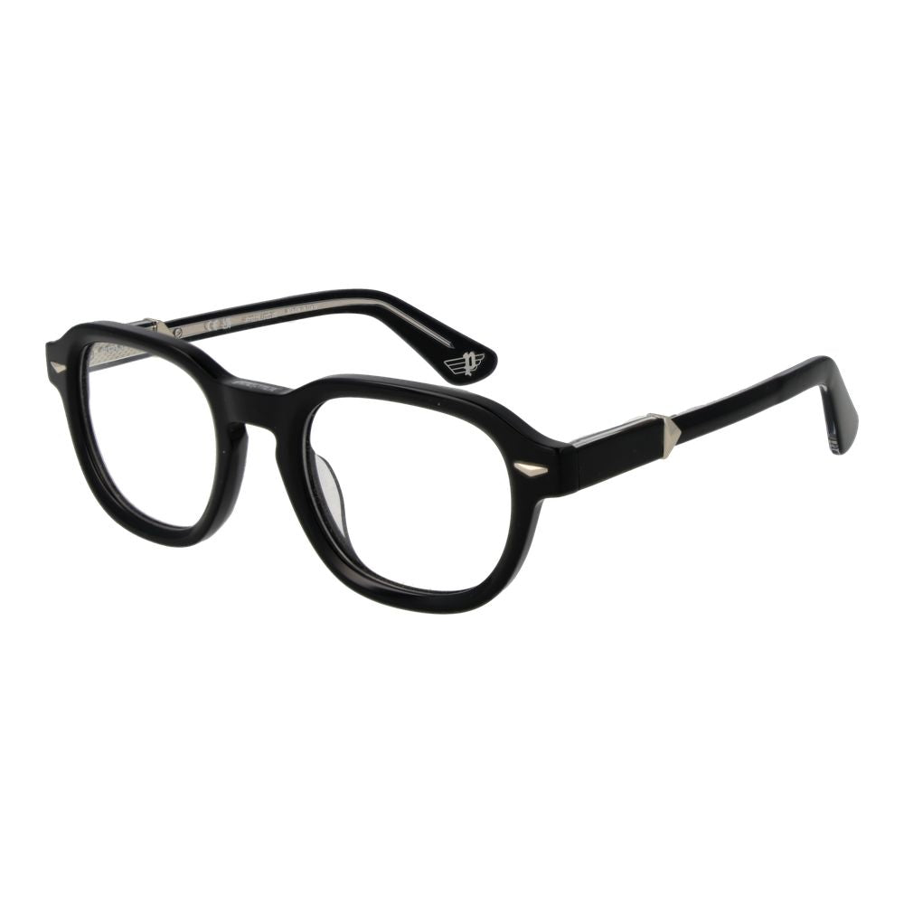Police Black Cellulose Acetate Glasses (Frames) full-rim men’s eyewear with black temples and demo lenses.