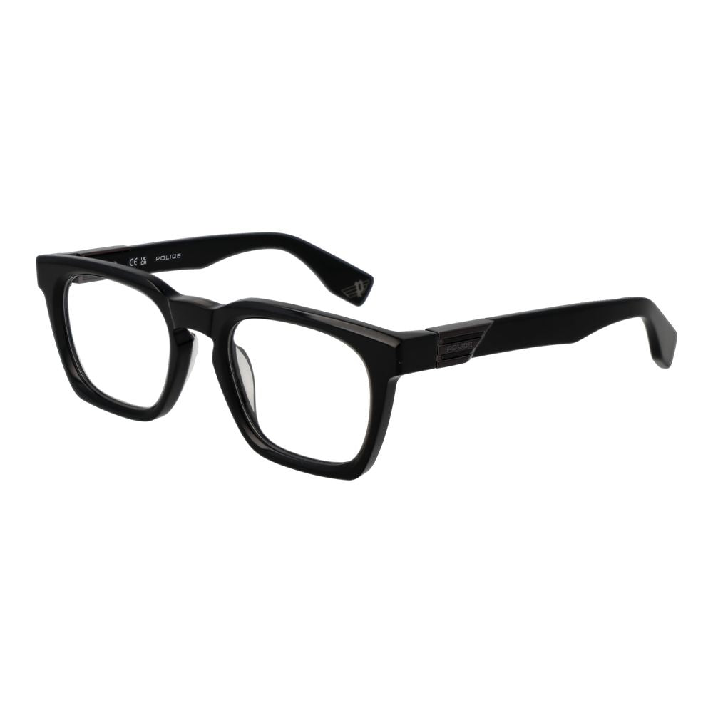 Police Black Cellulose Acetate Glasses (Frames) in black color, full-rim square style with demo lenses, for men with branded case included.