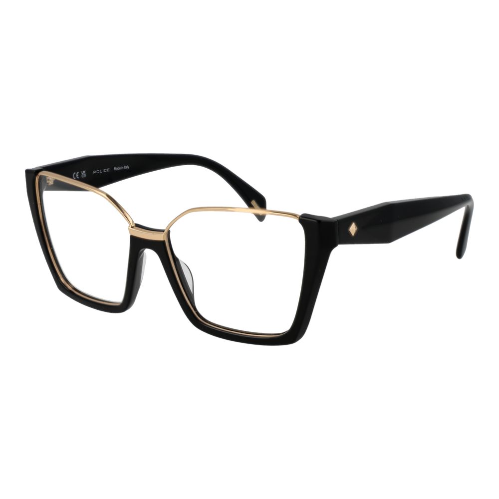 Police Black Cellulose Acetate Glasses (Frames) for women, full-rim, square style with black frame and demo lenses.