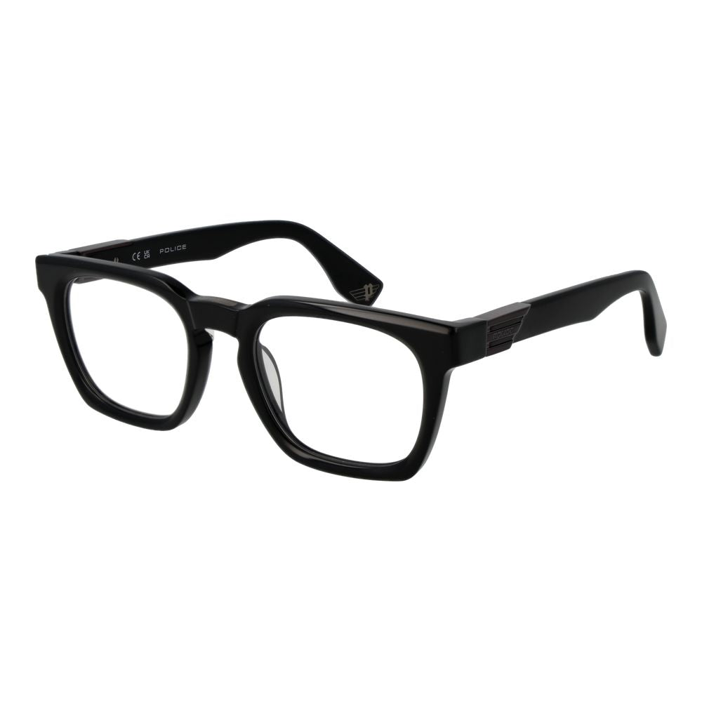 Police Black Cellulose Acetate Glasses (Frames) for men, full-rim rectangle style with demo plastic lenses, size 53-22-145.