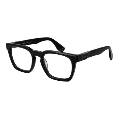 Police Black Cellulose Acetate Glasses (Frames) for men, full-rim rectangle style with demo plastic lenses, size 53-22-145.