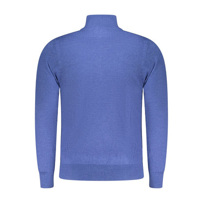 Rifle Blue Wool Men Sweater with half-zip and exquisite embroidery, luxury blend of wool, nylon, and polyester, rear view.