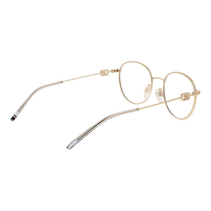 Tommy Hilfiger Gold Metal Glasses (Frames) for women in full-rim panto style with gold metal frame and plastic demo lenses.