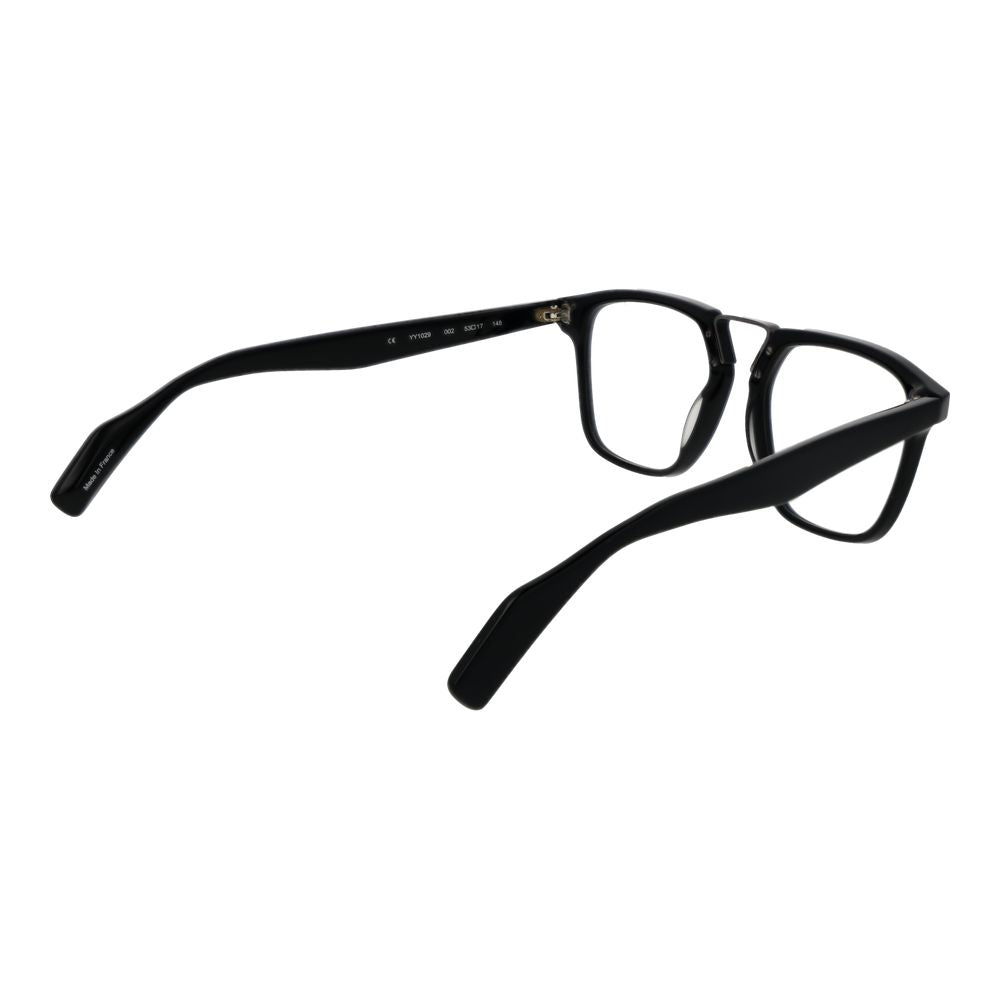 Yohji Yamamoto Black Plastic Glasses (Frames) with full-rim rectangle style, demo lenses, and branded soft case included.