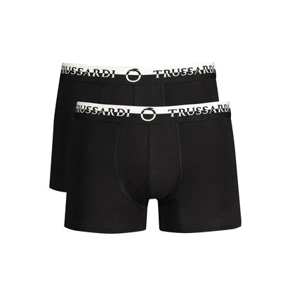 Trussardi Black Cotton Underwear with double elastic waistband, logo print, and bi-pack design for comfort and style.