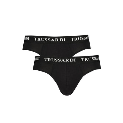 Trussardi Black Cotton Underwear, bi-pack slip with branded elastic waistband and logo print. Comfortable and stylish men's briefs.
