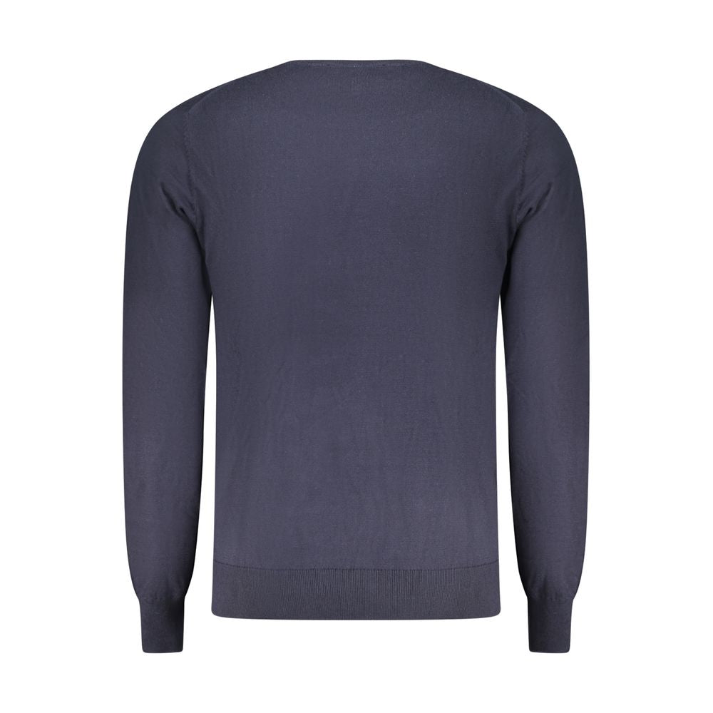 Back view of Accademia Militare Blue Cotton Men Sweater showcasing long sleeves and luxurious design.