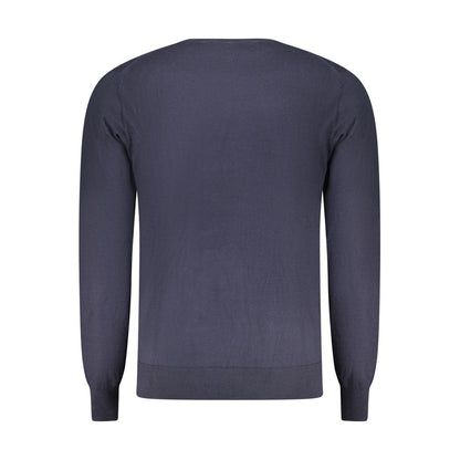 Back view of Accademia Militare Blue Cotton Men Sweater showcasing long sleeves and luxurious design.