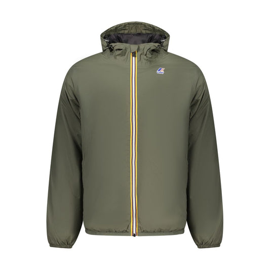 K-WAY Green Polyamide Men Jacket with hood and contrasting zip, featuring 2 external and 3 internal pockets for ample storage.