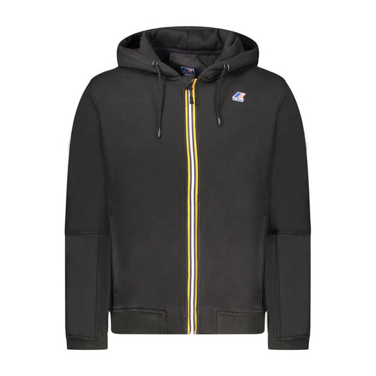 K-WAY Black Cotton Men Sweater with hood, zipper, and pockets, featuring contrasting details and the brand's applique logo for style.
