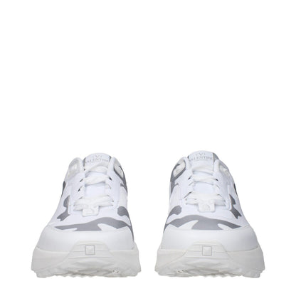 Front view of Valentino Garavani White Fabric Athletic Sneakers with grey accents, featuring logos and a rubber sole.