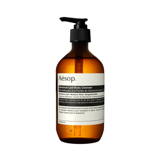 AESOP Geranium Leaf body cleanser 500ml amber bottle with pump dispenser.