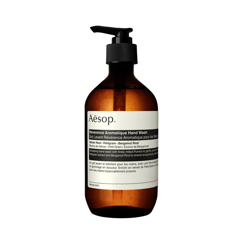 AESOP Reverence Aromatique hand wash bottle 500ml with pump dispenser.
