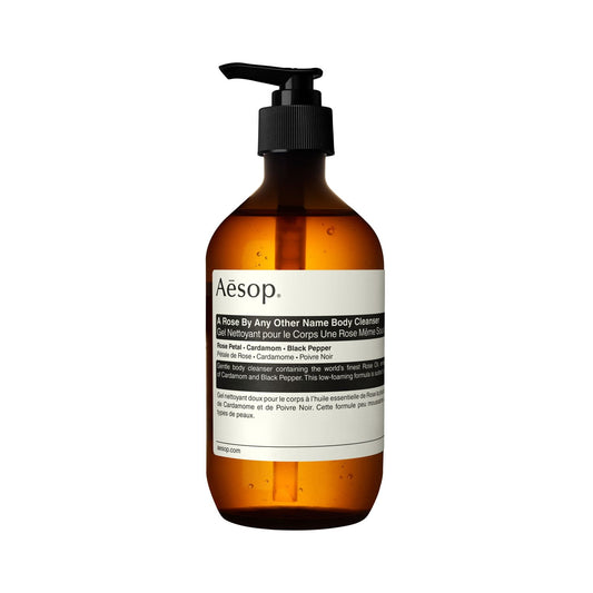 AESOP body cleanser A Rose By Any Other Name 500ml bottle with rose scent and amber pump packaging