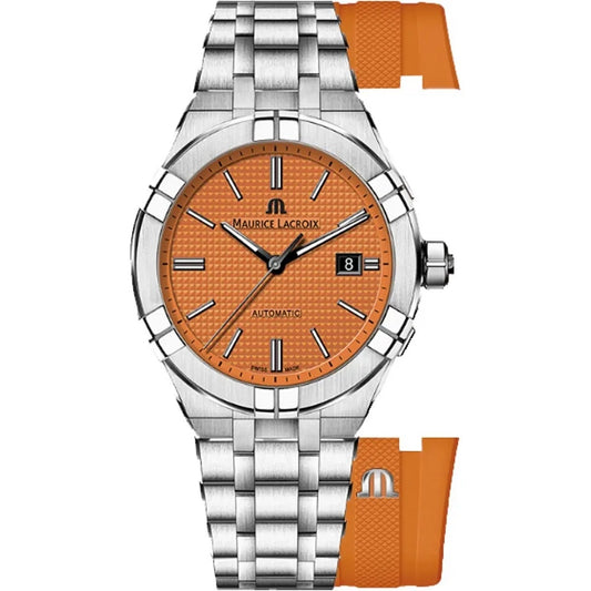 MAURICE LACROIX MOD. AIKON AUTOMATIC wristwatch with stainless steel case and orange dial, water-resistant up to 20 ATM.