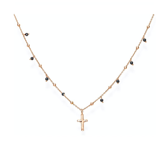 AMEN JEWELRY Mod. CLCRRN3 delicate necklace with cross pendant and small black beads on thin chain