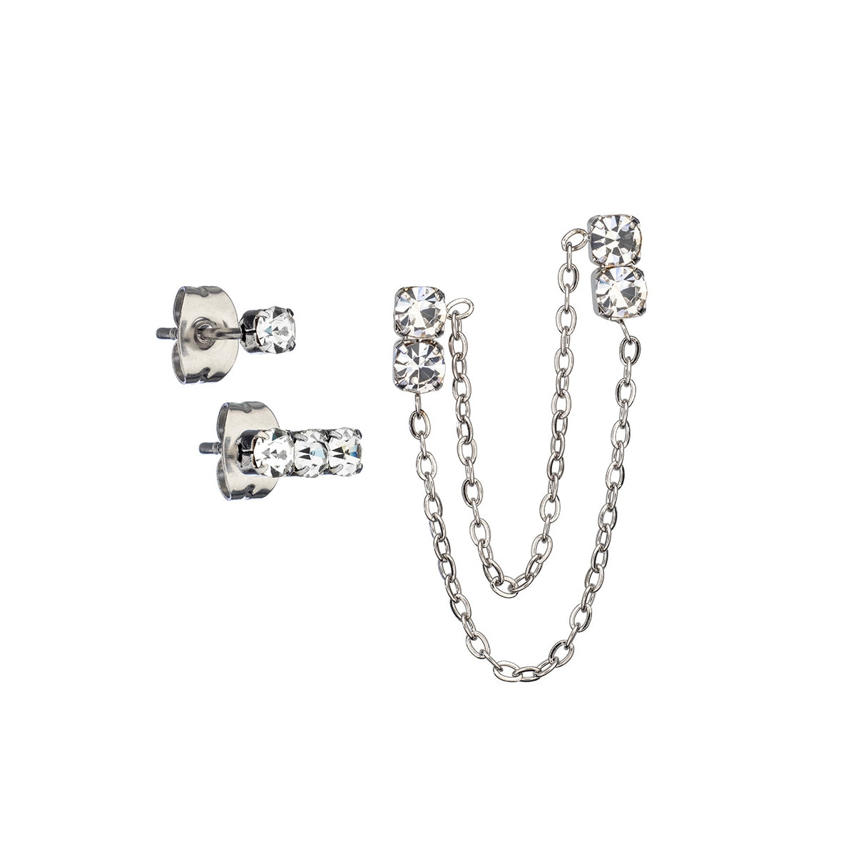 AN JEWELS JEWELRY Mod. AB.EP034 elegant silver stud earrings with chain featuring sparkling crystals.