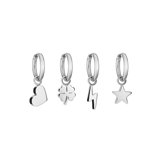 Silver hoop earrings with charm designs including heart, clover, lightning, and star. AN JEWELS JEWELRY Mod. AB.EP047.