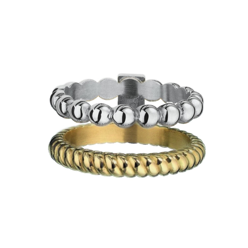 Two stacked rings from AN JEWELS JEWELRY Mod. AR.R2NS04SY-7 in silver and gold tones.