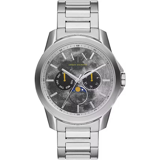 ARMANI EXCHANGE MOD. AX1736 gent's stainless steel quartz wristwatch with moonphase, water resistant 5 ATM, shown in official packaging.