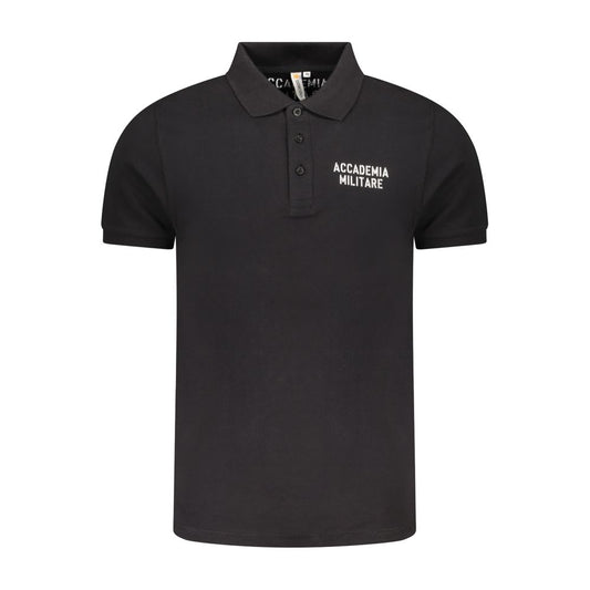 Accademia Militare Black Cotton Polo Shirt with short sleeves, 3 buttons, logo and print detail. Ideal for stylish, casual wear.
