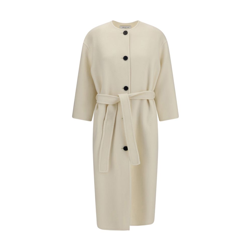 Aftercoat Cream Fleece Wool Coat with button closure and knotted sash, featuring a crew neck and two side welt pockets for elegant style.