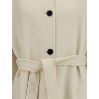 Close-up of Aftercoat Cream Fleece Wool Coat featuring front button closure and knotted sash for a defined silhouette.